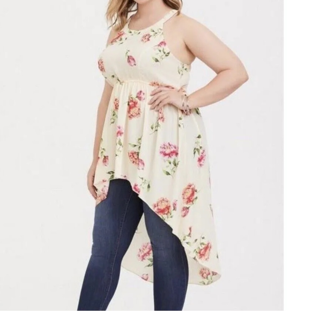 Torrid NWT Size 1 Torrid Ivory Pink Orange Floral Georgette Hi-Lo Babydoll Top